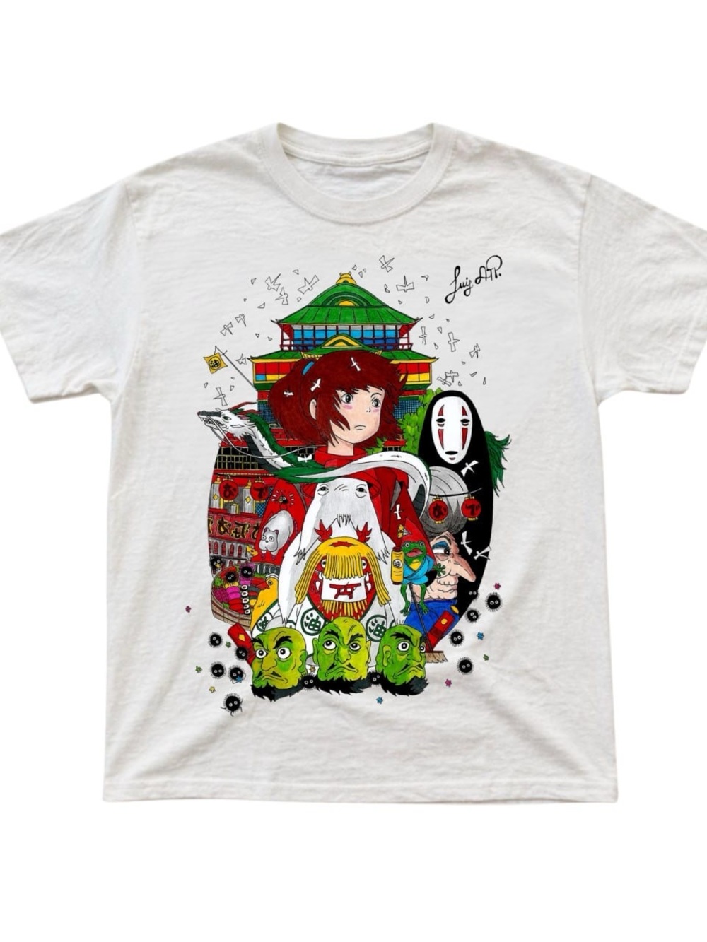 White Graphic Tee with Multicolor Spirited Away-Inspired Design